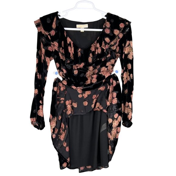 MICHAEL Michael Kors S Velvet Burnout Floral Long Sleeve Ruffle Silk Blend Dress - Picture 3 of 16